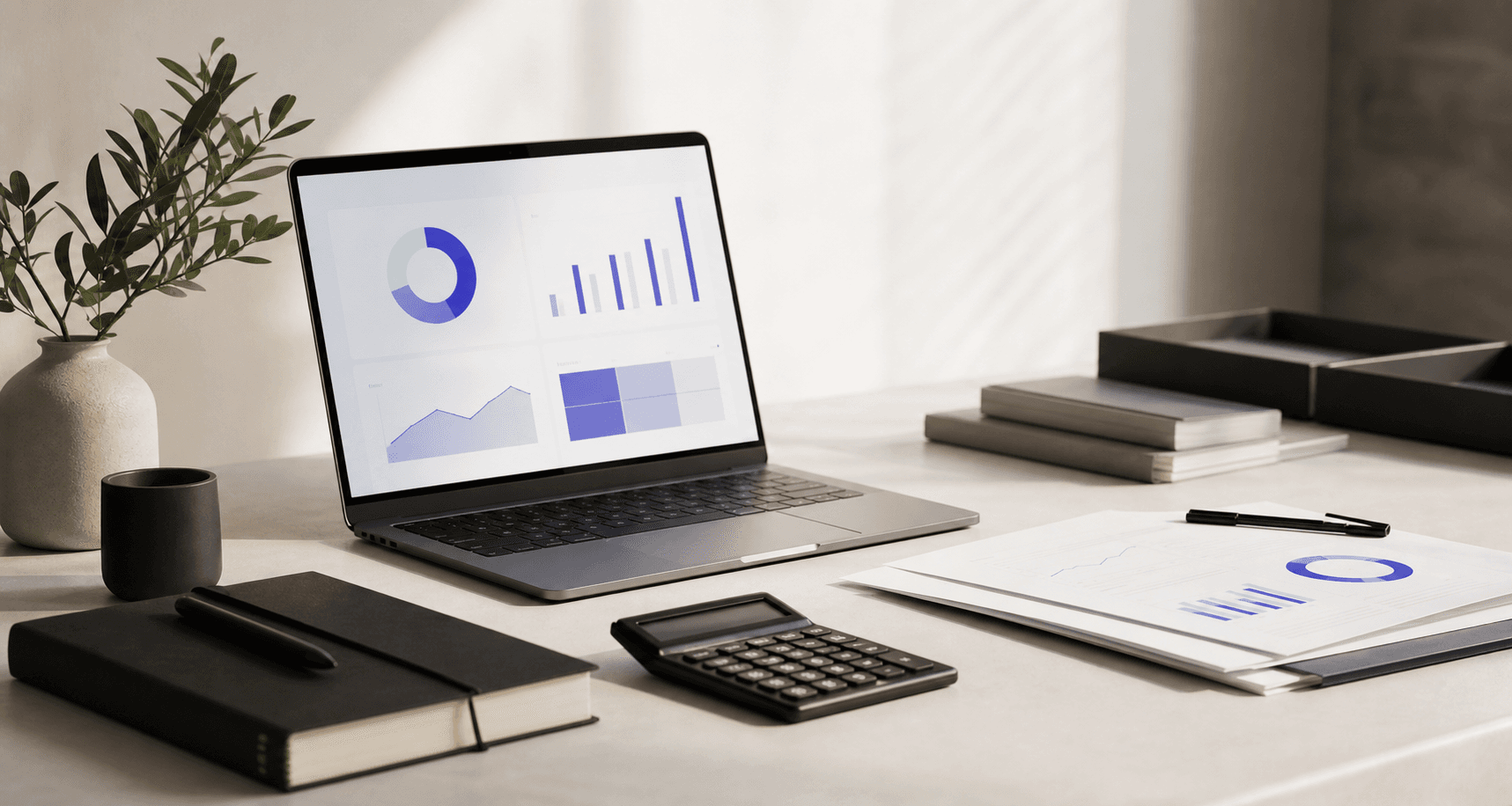 Finance workspace with reporting dashboard, calculator, and documents